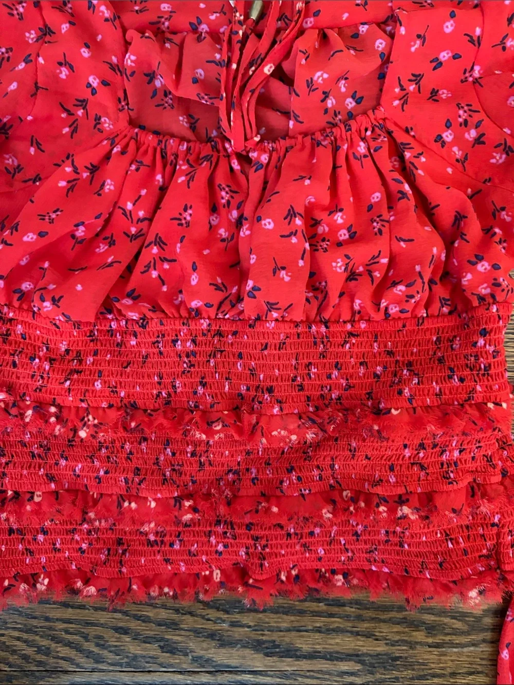 Free People Small - Red Floral Smocked Long-Sleeve Women's Top